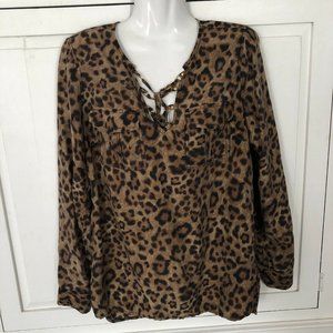 Michael Kors 100% Silk Leopard Blouse XS Long Sleeve
